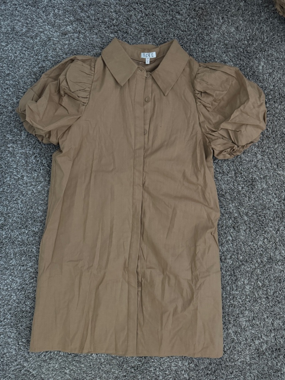 TCEC Puff Sleeve Button-Front Shirt Dress in Camel